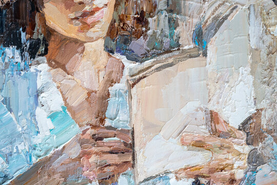 Summer vacation of two girls. Reading in nature. The woman is resting in a white dress. Oil painting on canvas.