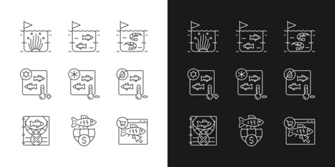 Fish product farming and storing linear icons set for dark and light mode. Sterilization and preservation. Customizable thin line symbols. Isolated vector outline illustrations. Editable stroke