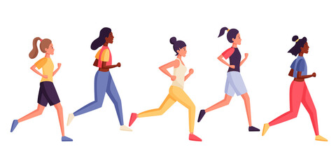 Running women. Female runners, athletes, sportive girls in motion. Isolated elements on white background. Vector illustration in flat style.