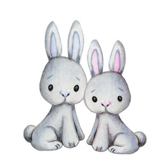 Cute cartoon  bunny hare rabbits. Watercolor hand painted illustration for children and babies. Useful for prints, cards, wall art, book illustrations. Isolated on white background.