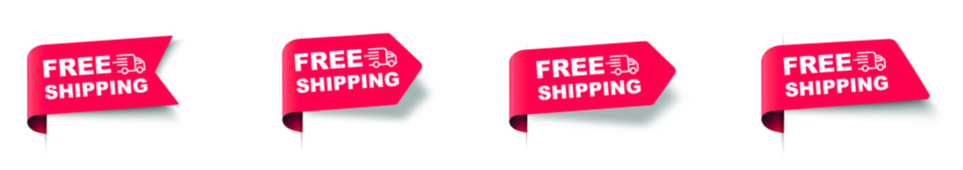 Free Shipping banner design template, red ribbon set vector illustration.