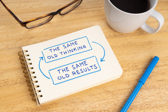 The same old thinking the same old results phrase on notebook. Closed loop or negative feedback mindset concept
