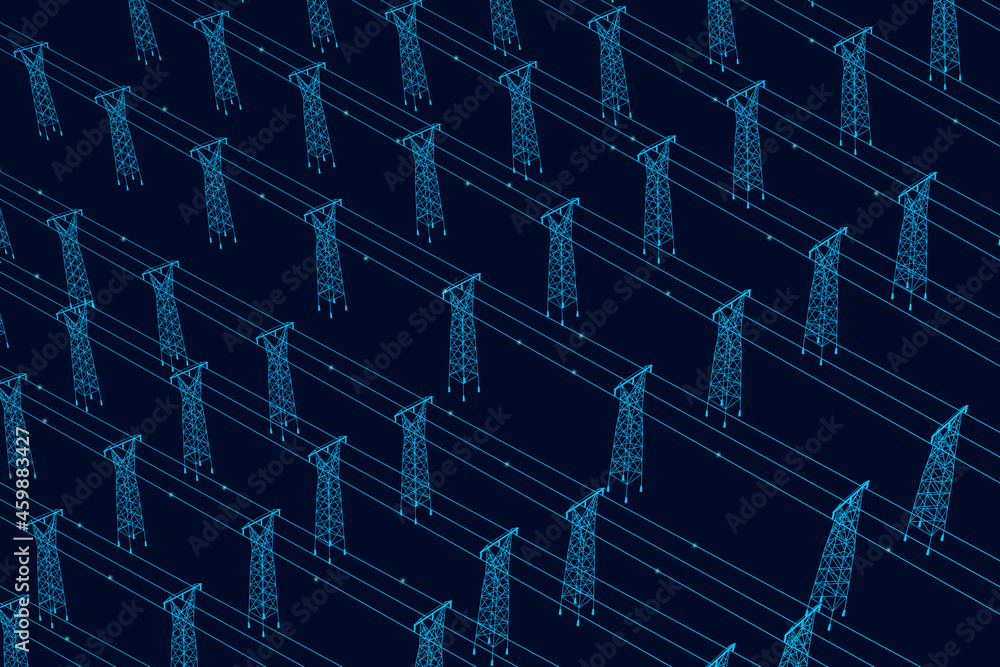 Aufkleber background with many outlines of power lines from blue lines on a dark background. isometric view. v