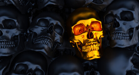 black and gold Human skulls background, 3d render,