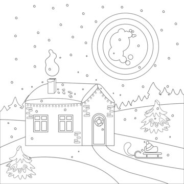 Cozy New Year's house in the forest coloring book for children. Big moon, forest, fir trees and falling snow. Vector Christmas linear illustration.