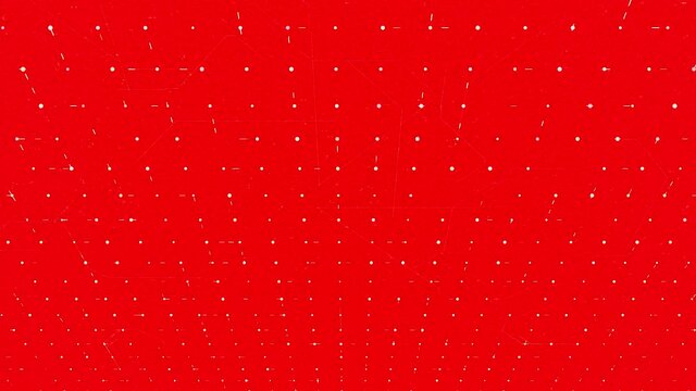 Bright red background with rows of points and moving stripes. Animation. Flowing abstract surface with running impulses among dots, seamless loop.