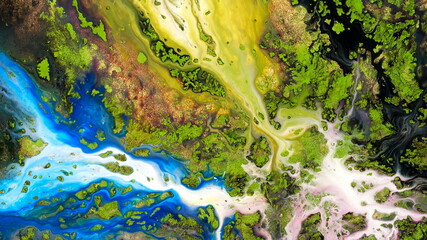 Fluide liquide art acrylic oil paints texture. Backdrop abstract mixing paint effect. Liquid colored acrylic artwork flows splashes. Fluid art texture overflowing colors