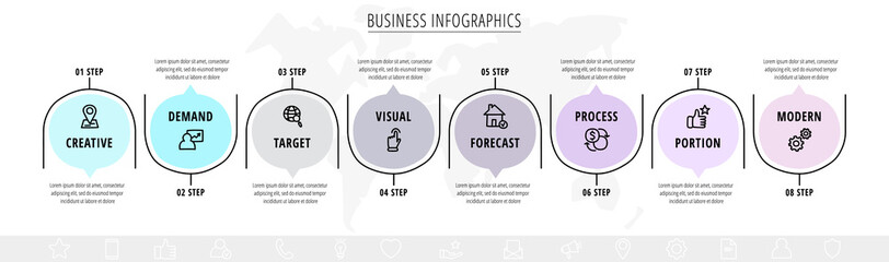 Business vector infographics with eight circles. Hand drawn timeline visualization with 8 steps for diagram, flowchart, banner, presentations, web, content, levels, chart, graphic