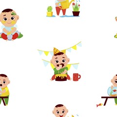 Naughty baby boy seamless pattern, cartoon character vector illustration for wrapping, fabric or wallpaper design