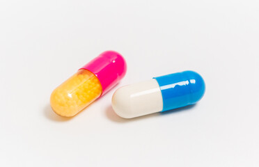 Medicinal capsules for female and male health, biodegradable supplements and vitamins for heart health and contraceptives isolated on white background, pills and medications