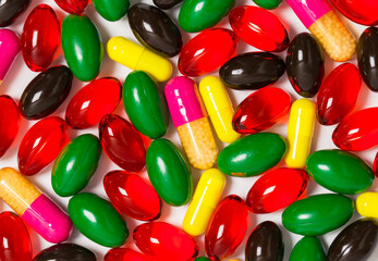 Medicinal capsules for female and male health, biodegradable supplements and vitamins for heart health and contraceptives isolated on white background, pills and medications