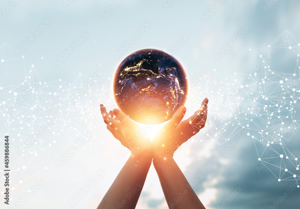 Poster hands holding globe earth with global network connections. communication network and technology inno