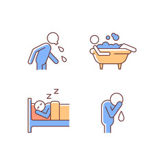 Human actions RGB color icons set. Crying man. Sleeping in bed. Lying in bubble bath. Spitting man. Day-to-day life. Isolated vector illustrations. Simple filled line drawings collection