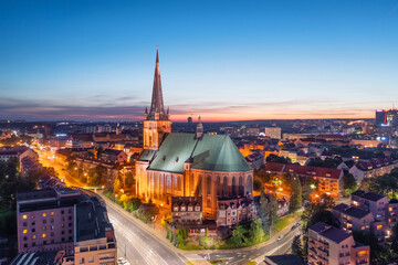 Szczecin, Poland. Aerial view of Archcathedral Basilica of St. James the Apostle at dusk