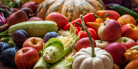 Fall harvest cornucopia. Happy Thanksgiving Day background, wooden table with autumn fruits and...