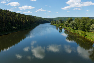 Fototapeta na wymiar Ufa river near the village of Sarana in the Sverdlovsk Oblast, Russia