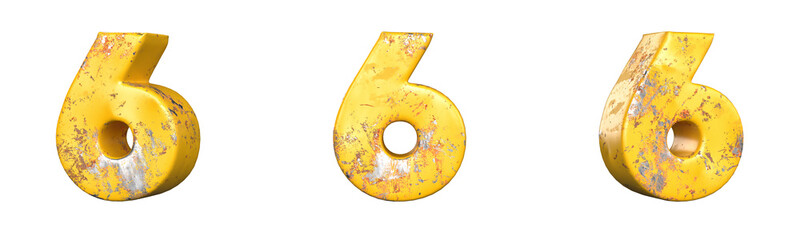 Number 6 (six) from a set of metallic yellow grunge numbers. Isolated. 3D Rendering
