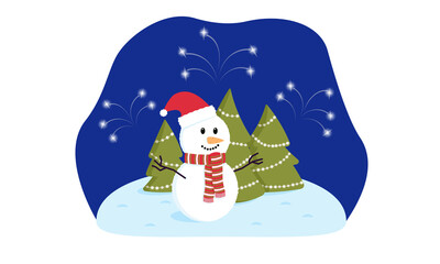 Cute snowman in a hat on the background of decorated Christmas trees and fireworks. Christmas and New Year.