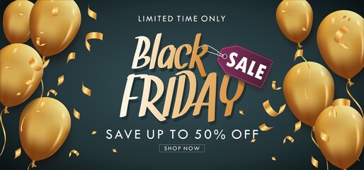 Black friday beautiful sale background with golden balloons and flying serpentine. - 459887880