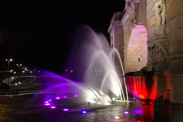 fountain on the historic Hakena Walls in Szczecin by night, Poland