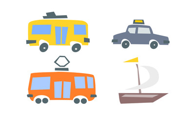 Set of different icons with public transport types in flat style