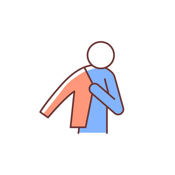 Dress up RGB color icon. Person putting on jacket. Man getting ready to go to work. Wearing clothes. Taking off clothes. Day-to-day life. Isolated vector illustration. Simple filled line drawing