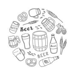 Hand drawn beer items in circle.
