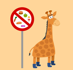 Ban on feeding giraffes with blue boots and with warning sign on colored background 