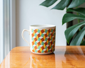 Mid-century modern porcelain cup on a wooden table with plants in the background