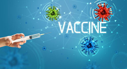 Syringe, medical injection in hand, coronavirus vaccine concept