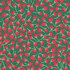 Christmas abstract flowers with dots seamless repeat pattern. Random placed, vector botany plants all over surface print on green background.