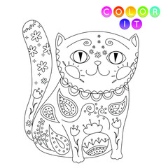 Coloring book page for kids and adults. Outlined doodle anti stress coloring book page beautiful  cat.