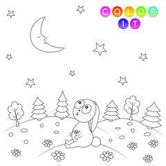 Black and White cartoon vector illustration. Anti-stress page for child.  Cute outline education game. Fantasy coloring page with rabbit. Coloring book, print, t shirt design, sticker, label