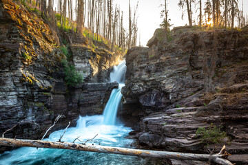 Stunning Sunset on Saint Mary Falls, Glacier National Park, Montana