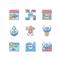 Fototapeta premium Commercial fishery RGB color icons set. Seafood restaurant and market. Processing factory. Quality control. Fish industry. Isolated vector illustrations. Simple filled line drawings collection