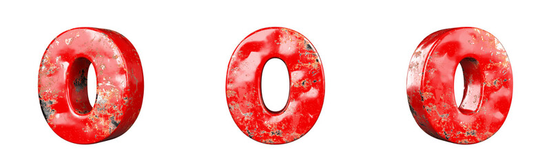 Number 0 (Zero) from Red scratched metallic numbers collection set. Isolated. 3D Rendering