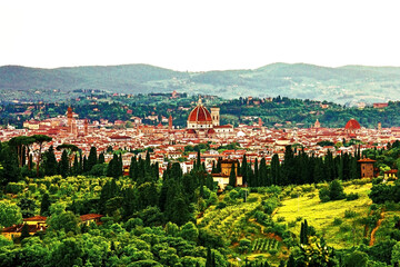 Aerial panoramic view of Florence skyline and tuscany countryside, Italy