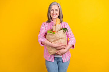 Photo of aged woman happy positive smile shopper bag food fresh eco mall isolated over yellow color...