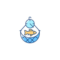 Overfishing RGB color icon. Depletion of species. Excessive amount of seafood harvest. Ecosystem exhaustion. Commercial fishery. Isolated vector illustration. Simple filled line drawing