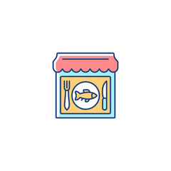 Seafood restaurant RGB color icon. Serving fish and shrimps. Mediterranean cuisine. Marine products cooking. Fishing industry. Isolated vector illustration. Simple filled line drawing