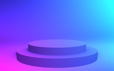 3d purple blue neon light cylinder podium minimal studio gradient dark colors background. Abstract 3d geometric shape object illustration render. Display for nightclub party and technology product.