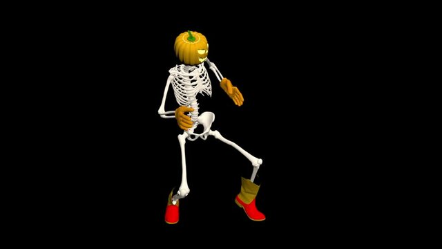 Halloween. Halloween skeleton with hat, boots and gloves. All Saints' Eve. 3D animation. 3D Skeleton Funny Dance Animation. Halloween 3D dance.