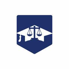 Law scale with graduation cap icon logo design. Law education vector logo concept.