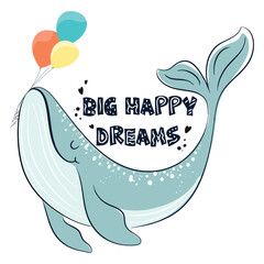 Cute happy whale vector illustration, children  t-shirt prints, wallpapers, greeting cards