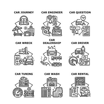 Car Dealership Set Icons Vector Illustrations. Car Dealership And Rental, Driver Question And Journey, Engineer Wreck And Tuning. Automobile Renovation And Industry Black Illustration © vectorwin