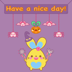 Halloween concept. Happy cute bunny hold heart, spiderweb candy. Set of pretty pumpkin, bat, spider hanging with sign. Purple background. Kawaii rabbit vector art design. Have a nice day! Lovely card.