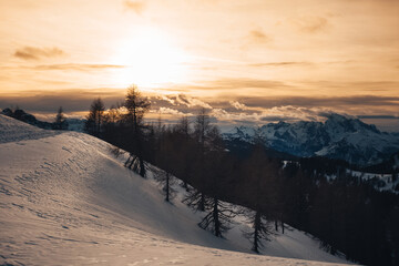 Beautiful dolomite winter panorama Of Marmolada at sunset with sunlit clouds, seen by a snowy path with people traces near a larch forest. Fiorentina Valley, Dolomites, Italy