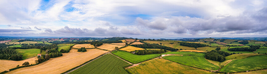 Fototapeta na wymiar Panorama of fields from drone, Berry Pomeroy Village, Devon, England, Europe