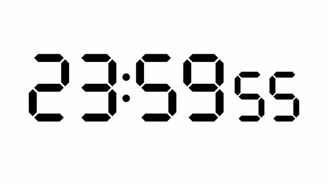 Clock counts down from ten seconds from 23 59 50 to 00 00 00, digital electronic segment display, black on white  