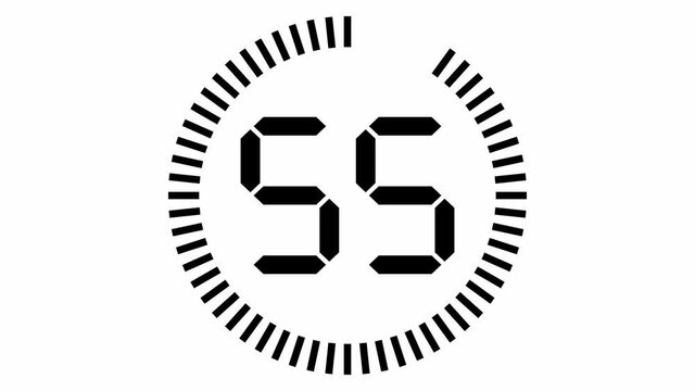 Countdown one minute animation from 60 to 0 seconds, digital electronic segment display and strokes decreasing in circumference,  black on white